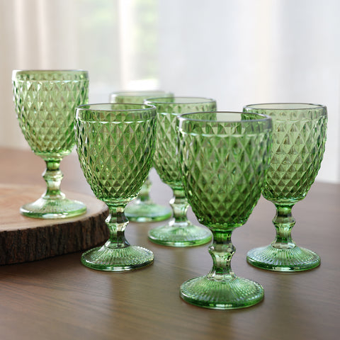 Set of 6 Green Diamond Textured Wine Glasses