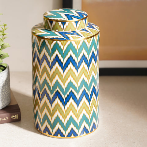Multicolor Ikat Print Ceramic Canister with Lid - Medium
