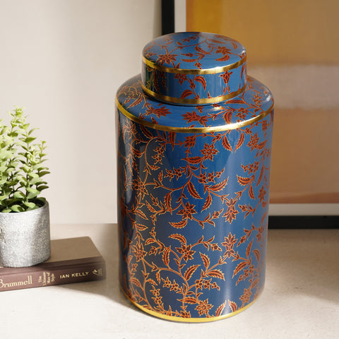 Blue & Red Ceramic Printed Canister with Lid - Medium
