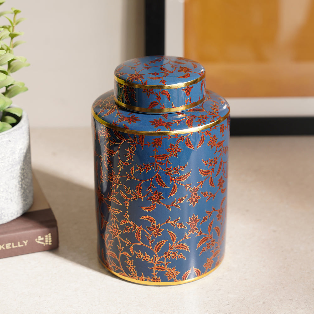 Blue & Red Ceramic Floral Print Canister with Lid - Small