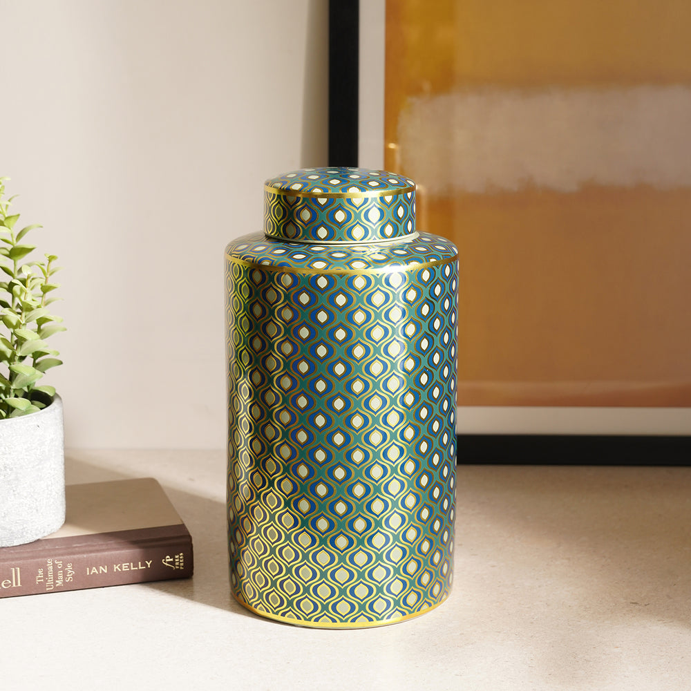 Green Printed Ceramic Canister with Lid - Medium