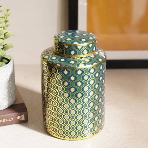 Green Floral Print Ceramic Canister with Lid - Small
