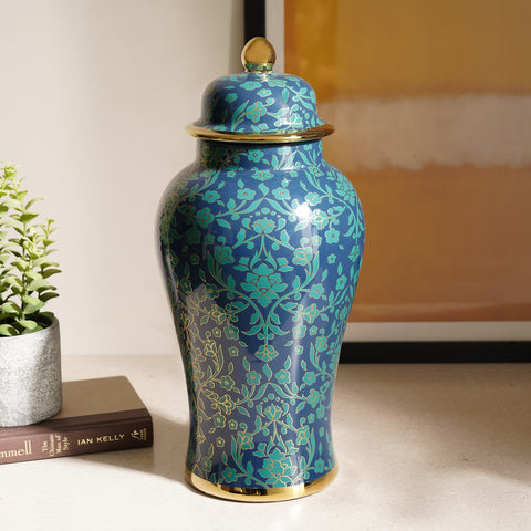 Blue and Teal Floral Print Ceramic Urn with Lid - Small