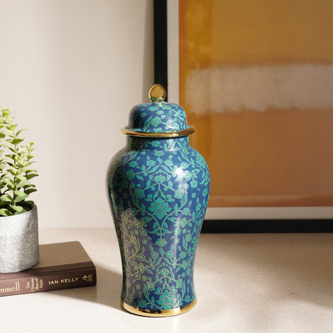 Blue and Teal Floral Print Ceramic Urn with Lid - Small