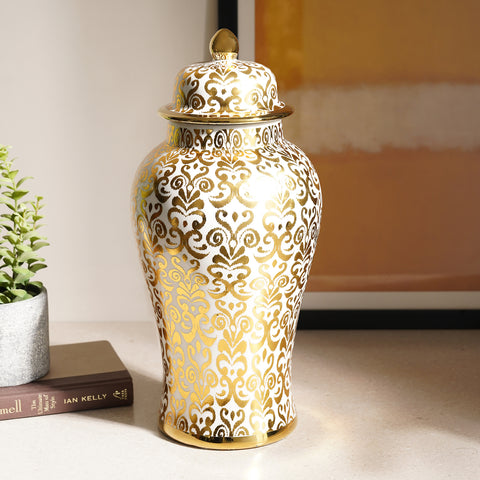 Gold and Ivory Paisley Print Ceramic Urn with Lid - Medium