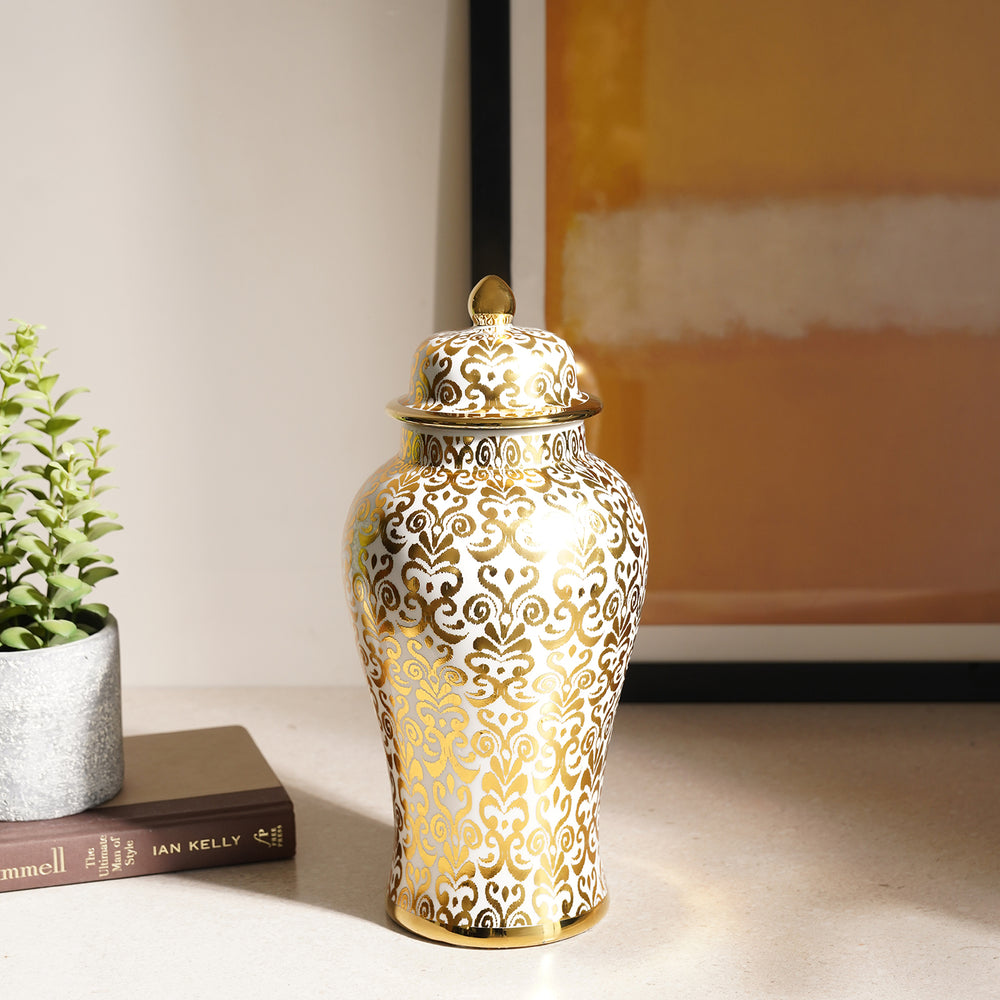 Gold and Ivory Paisley Print Ceramic Urn with Lid - Small