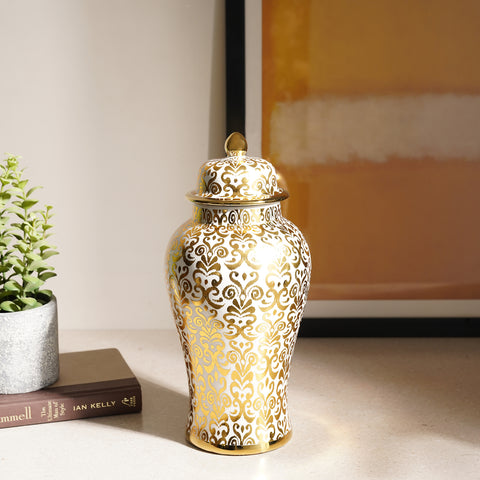Gold and Ivory Paisley Print Ceramic Urn with Lid - Small