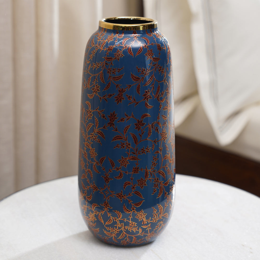 Blue Floral Print Ceramic Vase- Medium