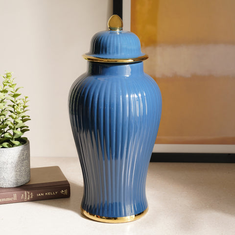 Blue Ribbed Ceramic Urn with Lid - Medium