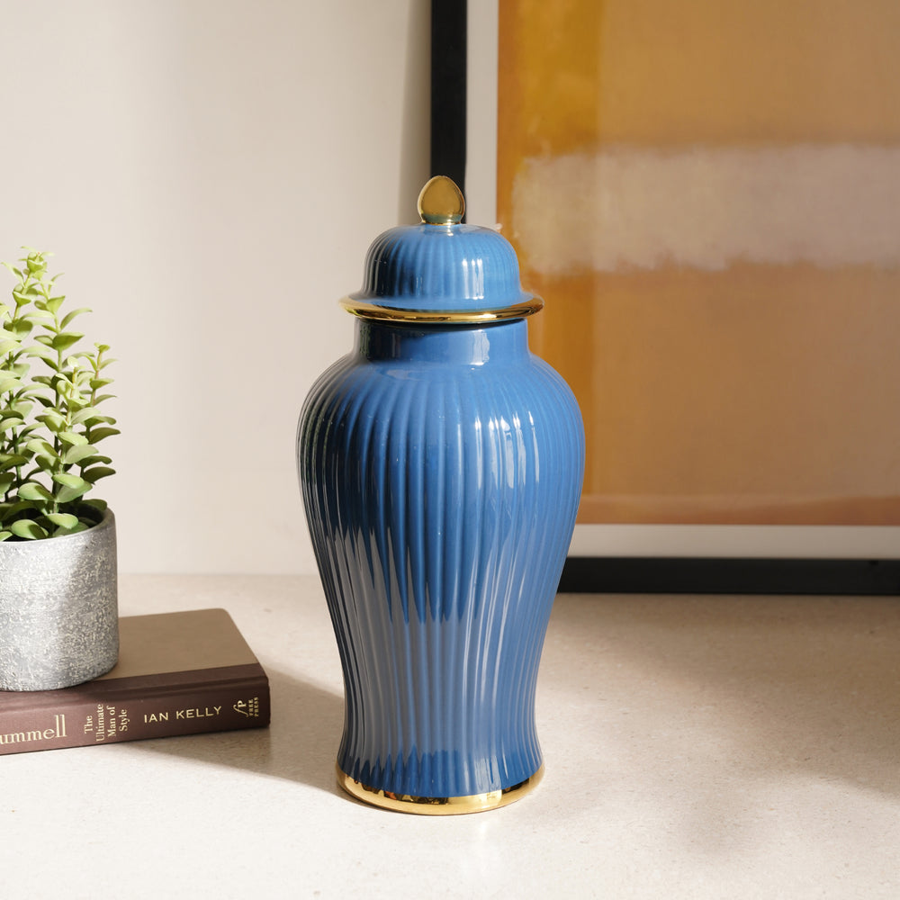 Blue Ribbed Ceramic Urn with Lid - Small