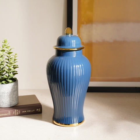 Blue Ribbed Ceramic Urn with Lid - Small