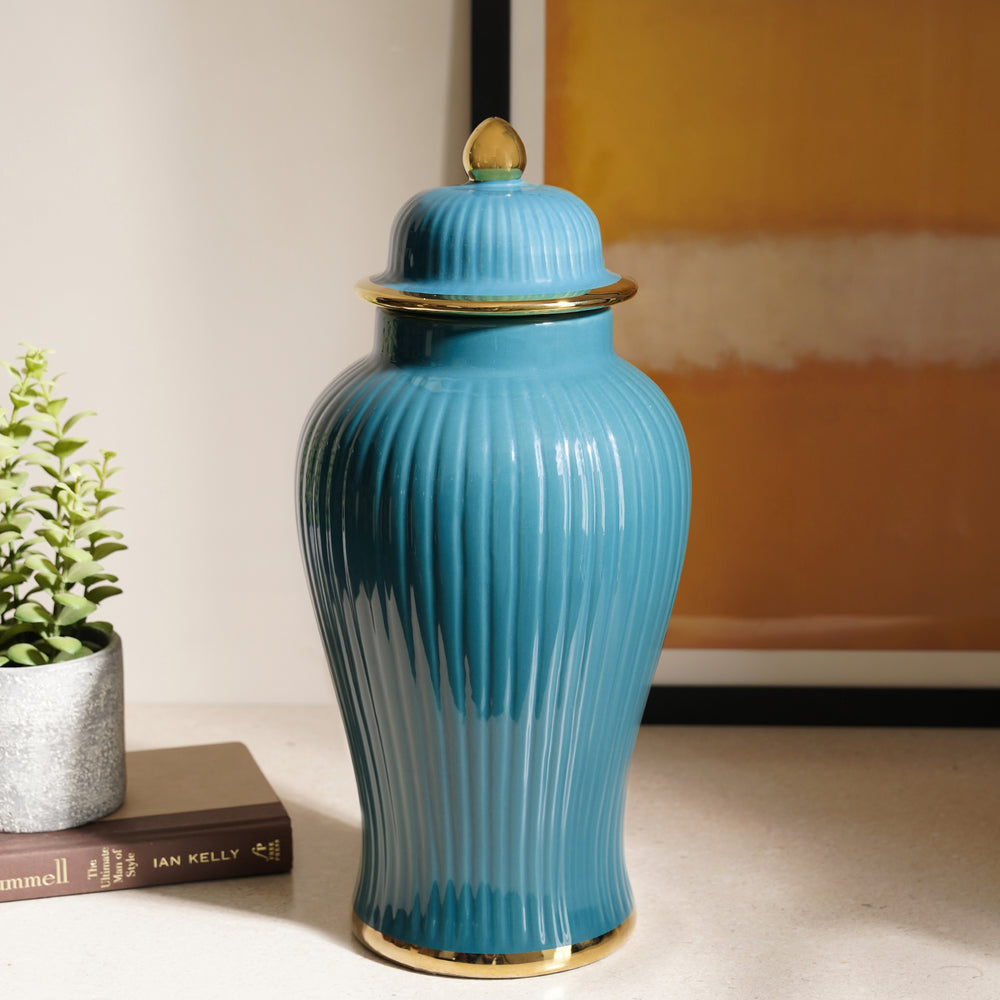Teal Ribbed Ceramic Urn with Lid - Medium