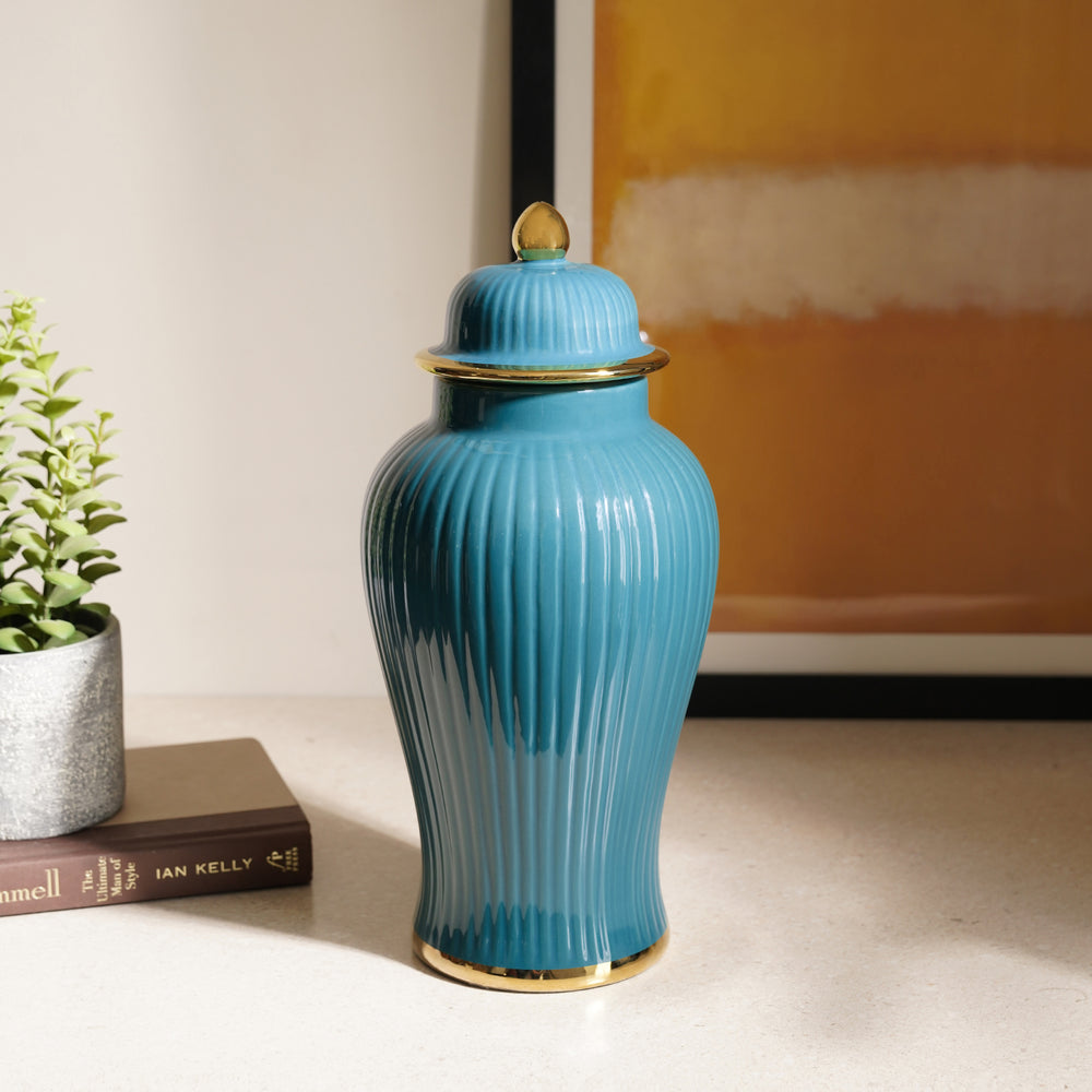 Teal Ribbed Ceramic Urn with Lid - Small