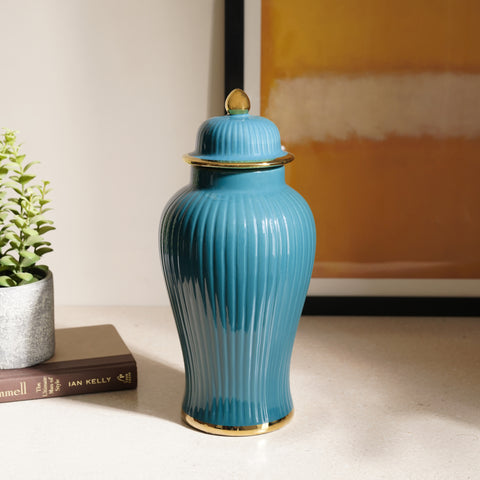 Teal Ribbed Ceramic Urn with Lid - Small