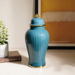 Teal Ribbed Ceramic Urn with Lid - Small