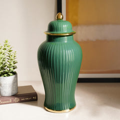 Green Ribbed Ceramic Urn with Lid - Medium