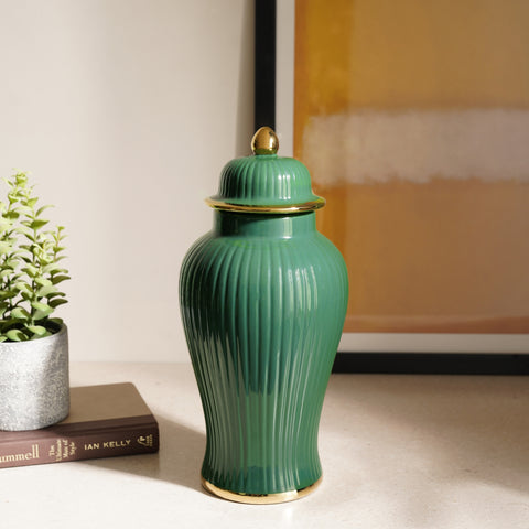 Green Ribbed Ceramic Urn with Lid - Small