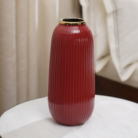 Red Ribbed Ceramic Vase- Medium