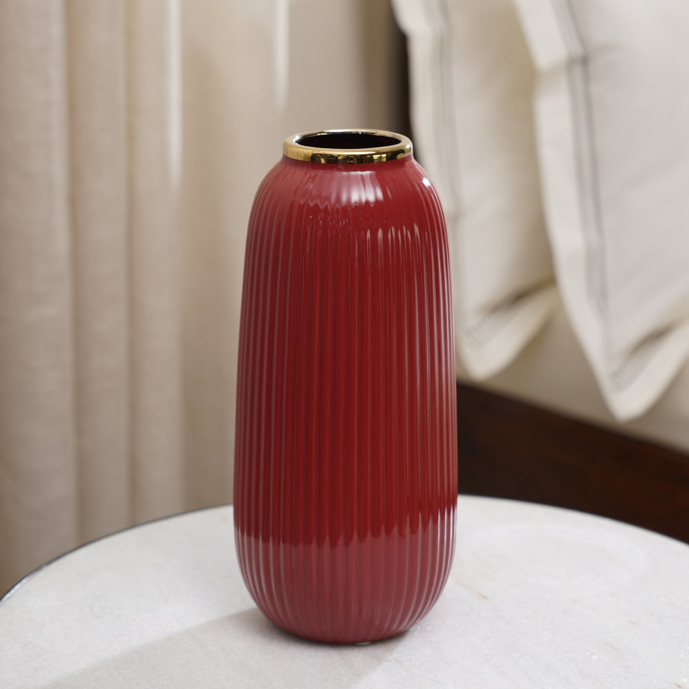 Red Ribbed Ceramic Vase- Small