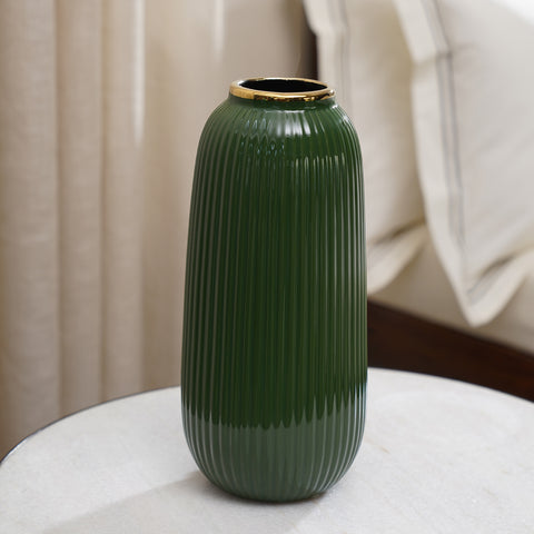 Green Ribbed Ceramic Vase- Medium
