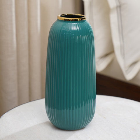 Teal Ribbed Ceramic Vase- Medium