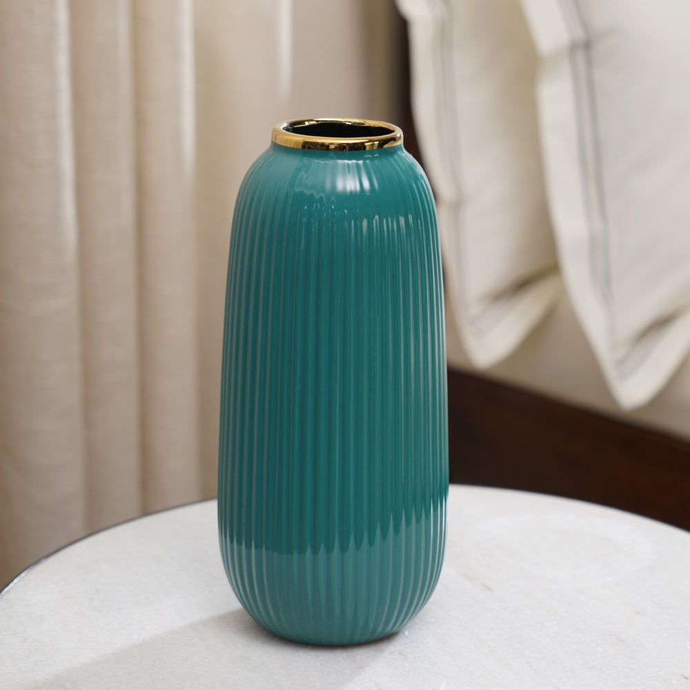 Teal Ribbed Ceramic Vase- Small