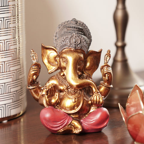 Red Antique Sitting Polyresin Ganesha Figurine - Small