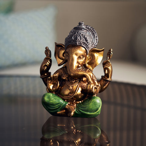 Green and Gold Polyresin Sitting Ganesha