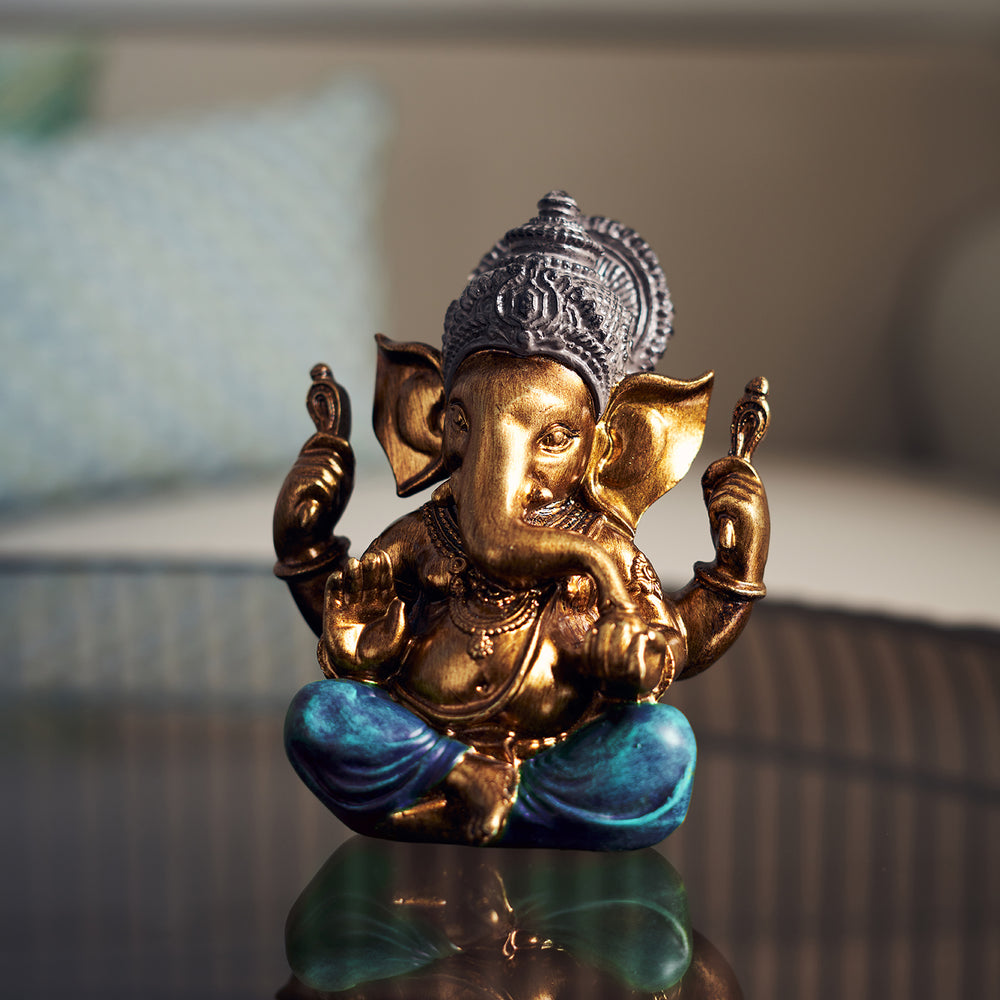 Blue and Gold Polyresin Sitting Ganesha