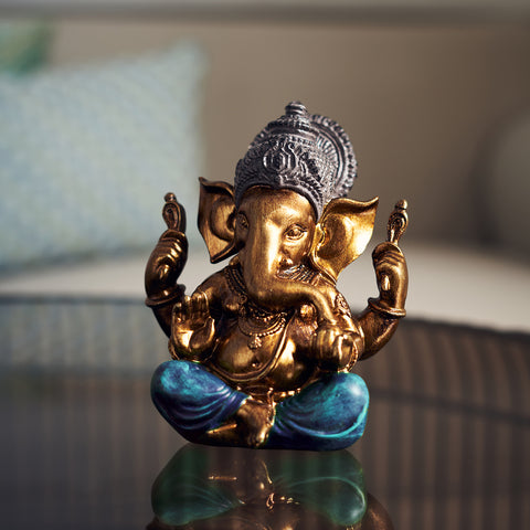 Blue and Gold Polyresin Sitting Ganesha