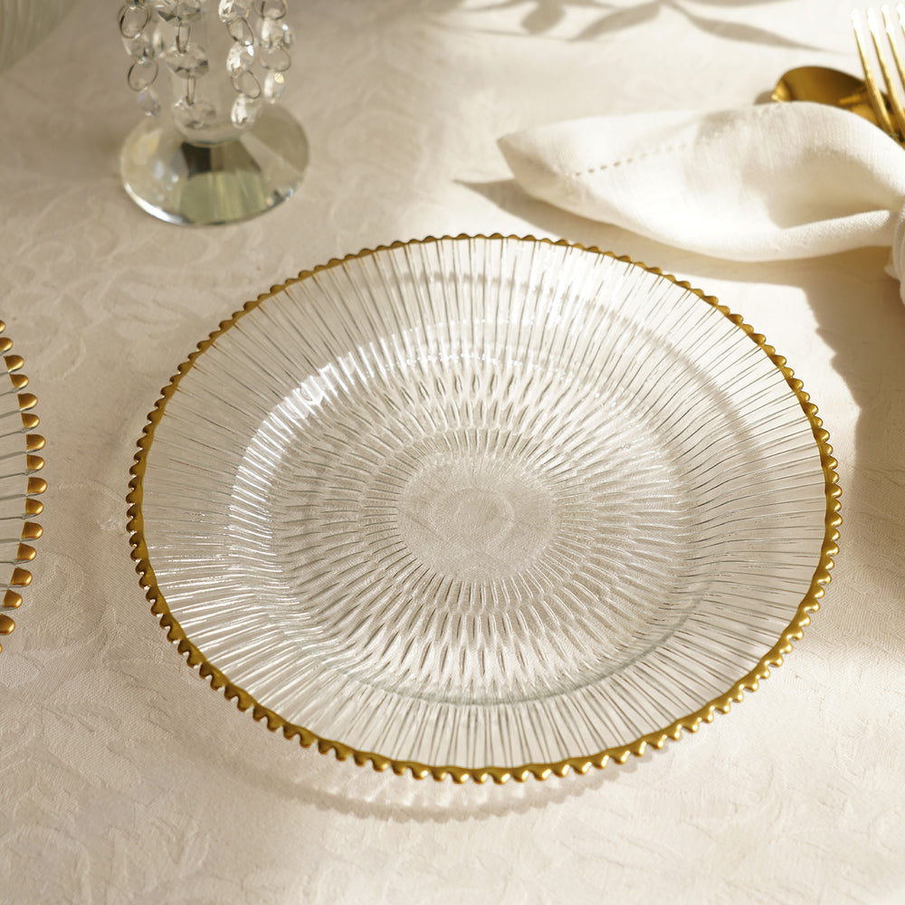 Set of 2 Clear and Gold Ribbed Dessert Plates with Rim