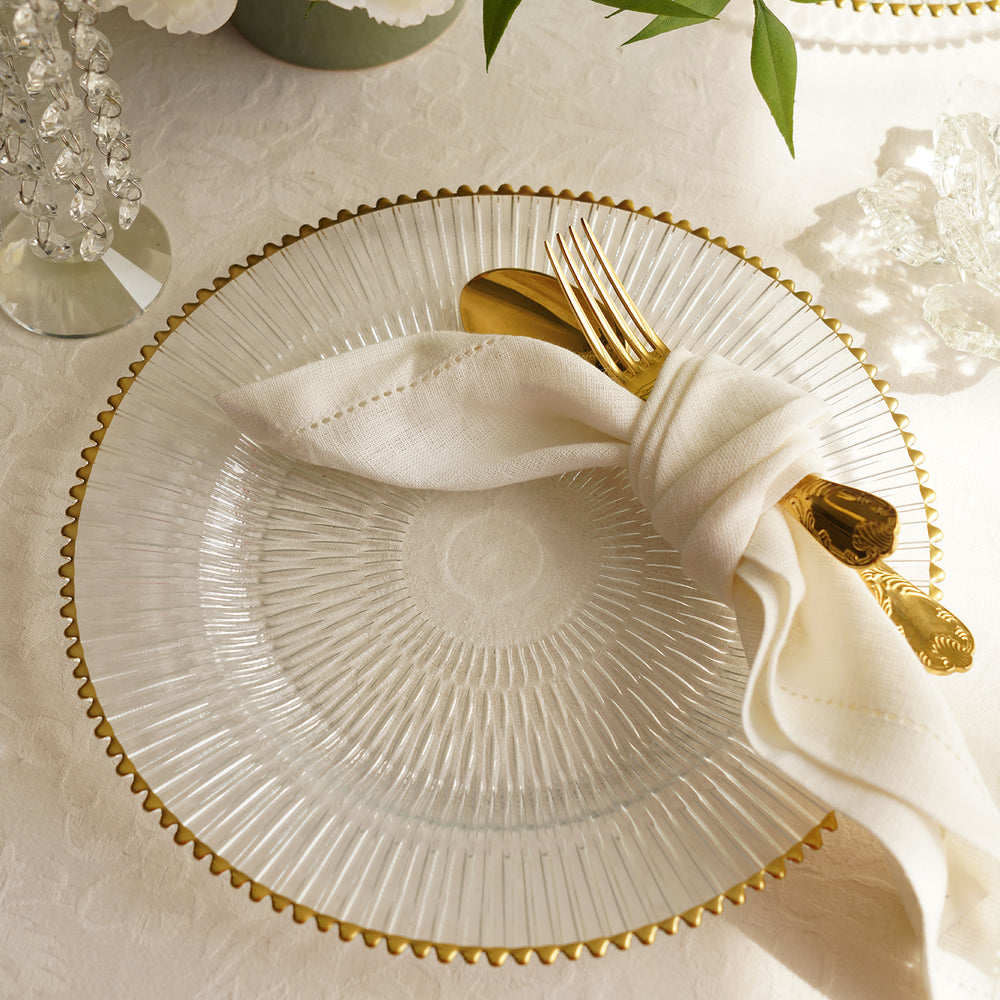 Set of 2 Clear and Gold Ribbed Dinner Plates with Rim