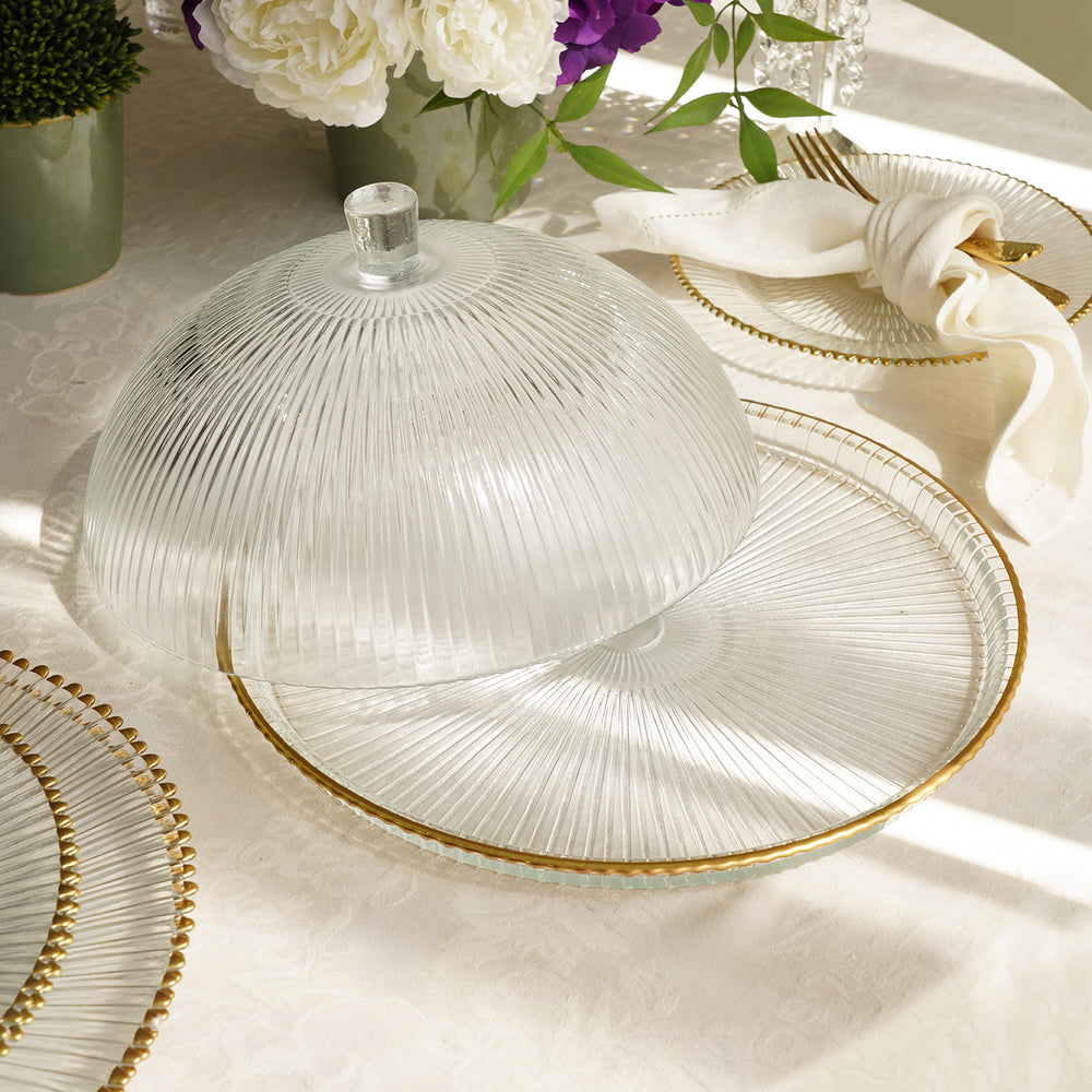 Clear and Gold Ribbed Cloche with Plate
