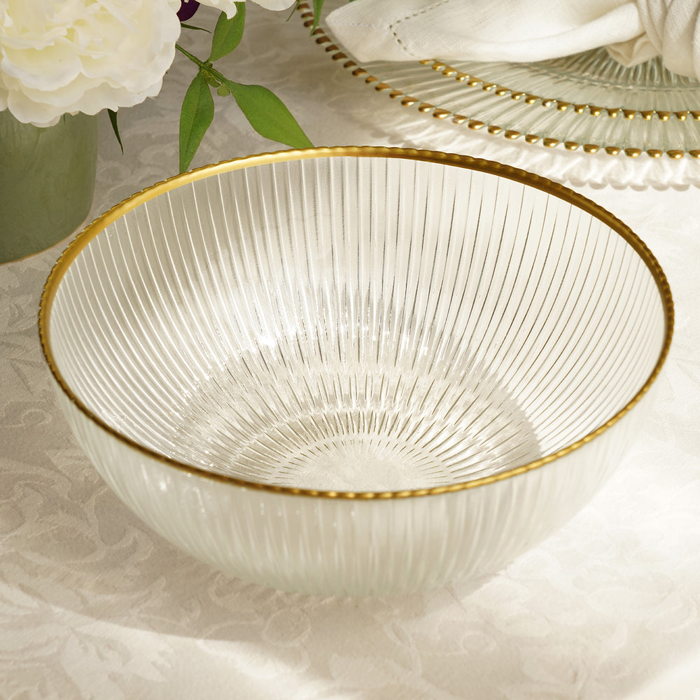 Clear and Gold Ribbed Serving Bowl