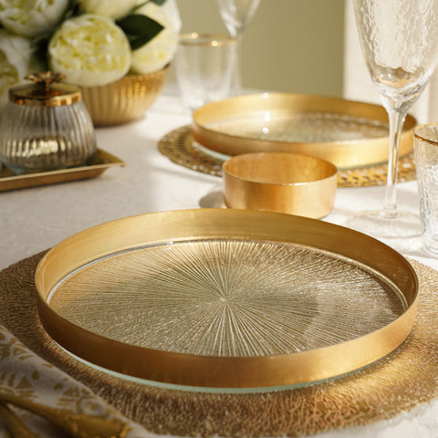 Set of 2 Clear and Gold Dinner Plate with Goil Foil Rim