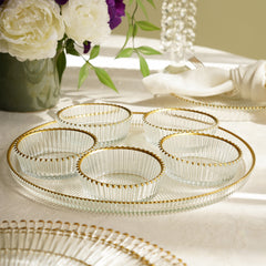 Set of 5 Clear and Gold Ribbed Bowls with Plate