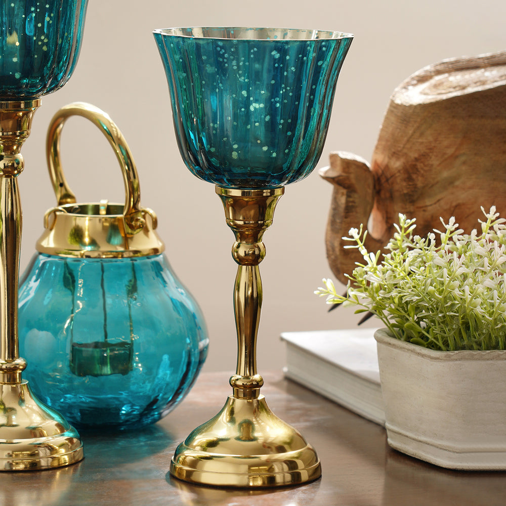 Teal and Gold Votive with Metal Stand - Small