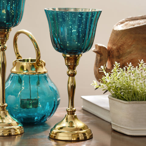 Teal and Gold Votive with Metal Stand - Small