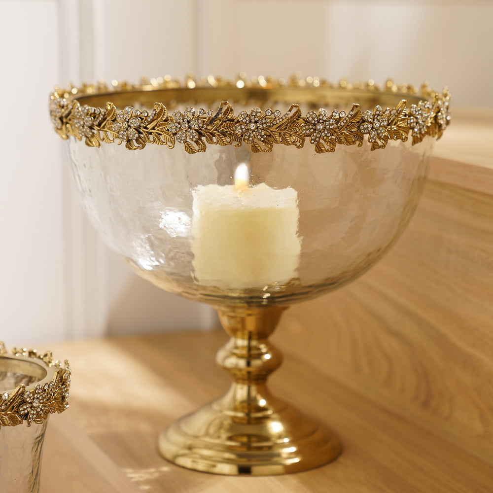 Clear Hammered Glass Bowl with Rhinestone & Stand - Large