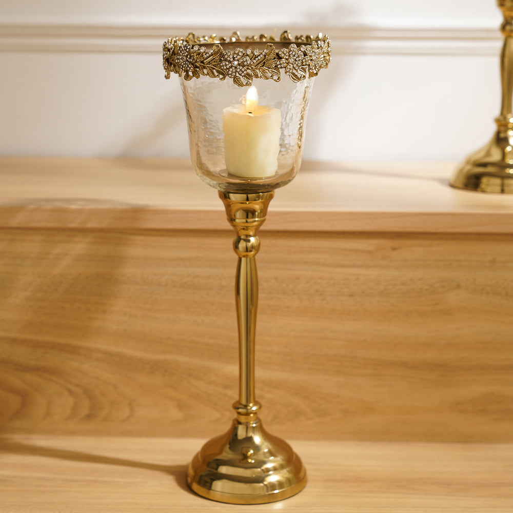 Clear Hammered Glass Hurricane with Rhinestones - Large
