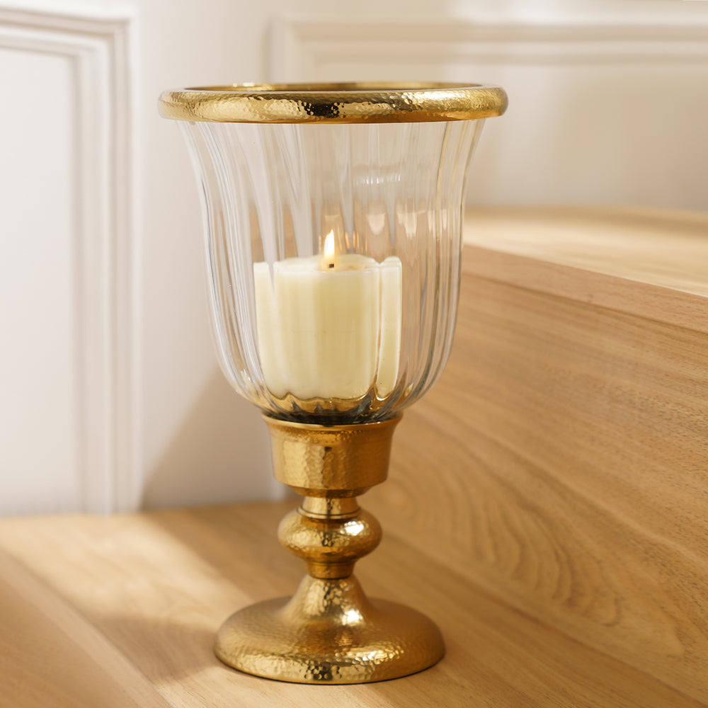 Clear Glass Hurricane with Tall Metal Stand - Small