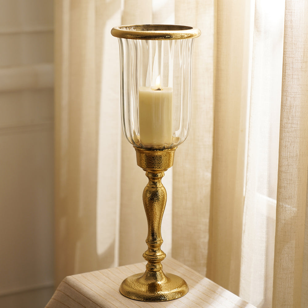 Clear Glass Hurricane with Curved Metal Stand - Small