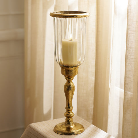 Clear Glass Hurricane with Curved Metal Stand - Small