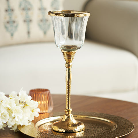 Clear Glass Hurricane with Textured Metal Stand - Large