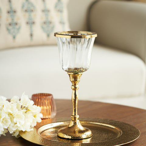 Clear Glass Hurricane with Textured Metal Stand - Small