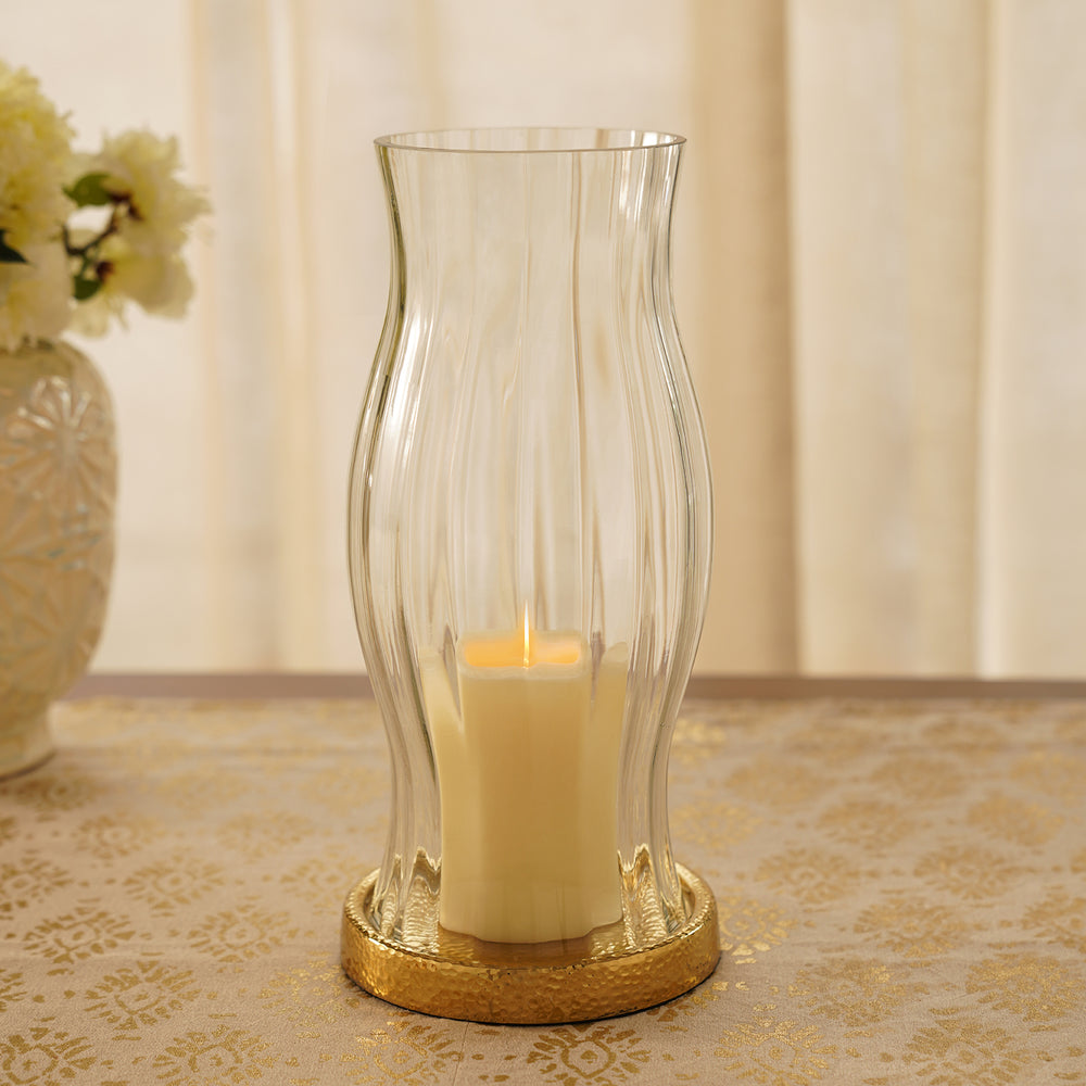 Clear Glass Textured Hurricane with Metal Base