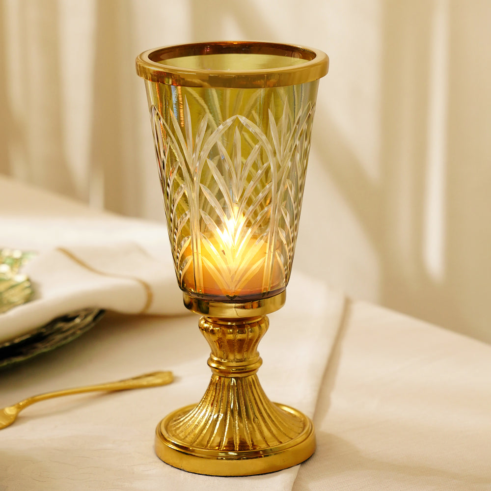 Gold Cut Glass Hurricane on Metal Base with Ring