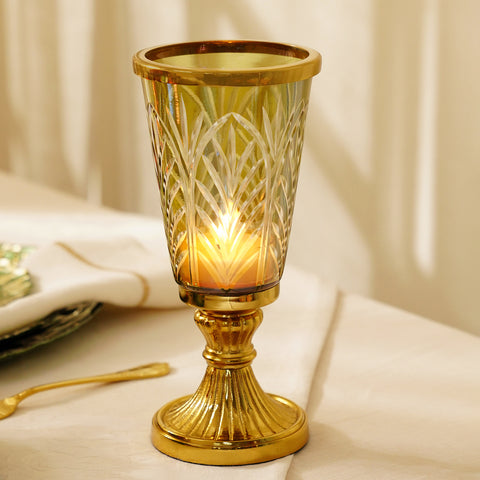 Gold Cut Glass Hurricane on Metal Base with Ring