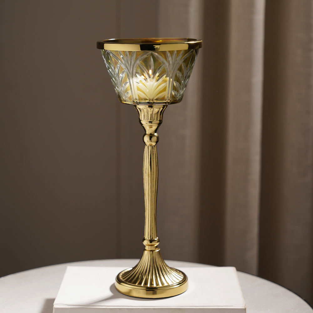 Clear Cut Glass Hurricane with Ribbed Metal Stand-Large