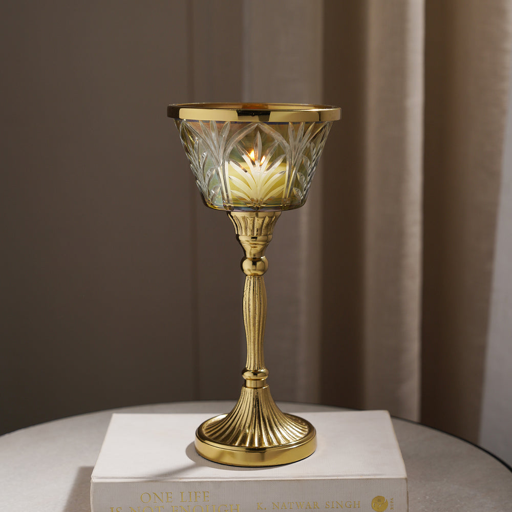 Clear Cut Glass Hurricane with Ribbed Metal Stand- Small